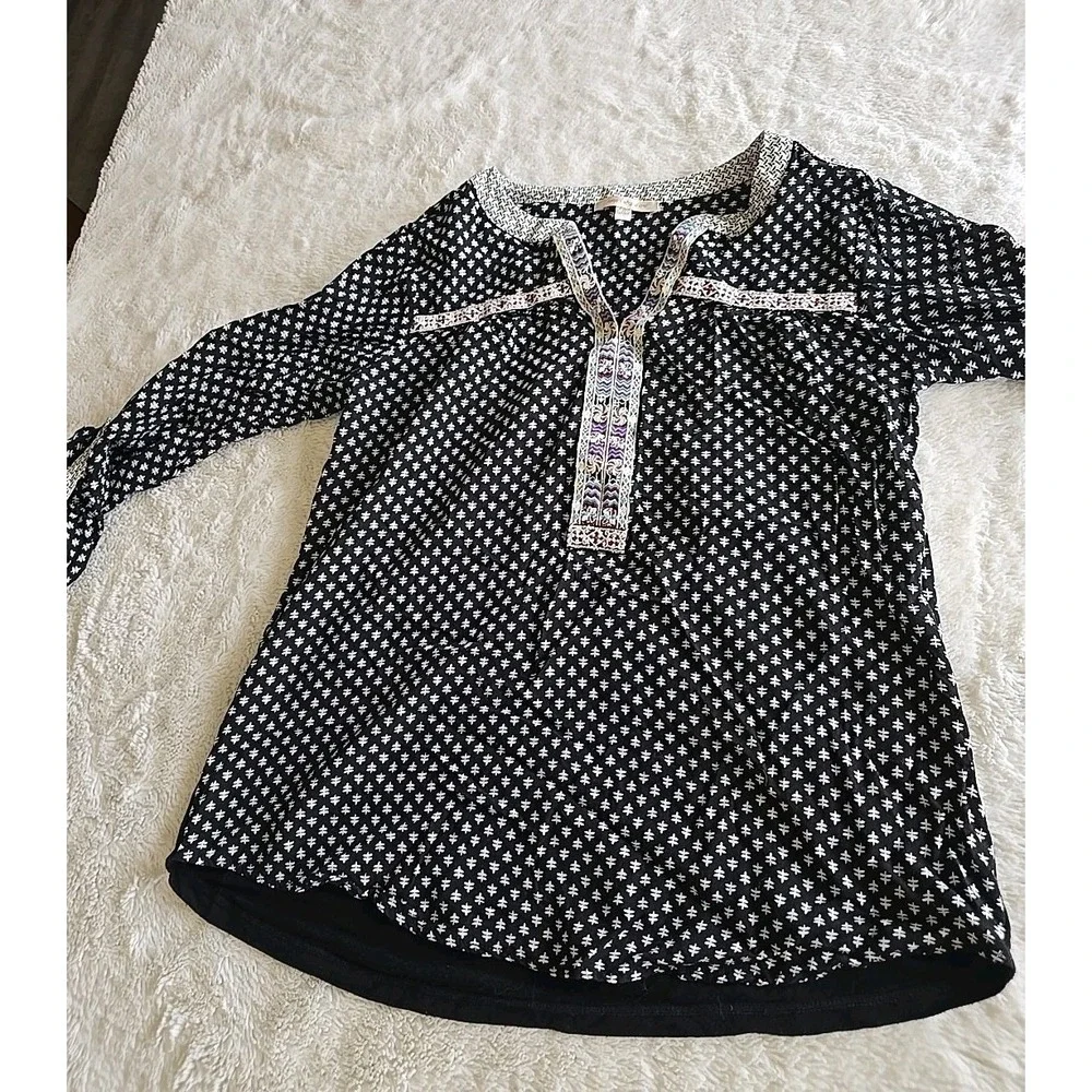 Skies Are Blue Boho Tunic Tab Sleeves Black White‎ Embroidery Women's Size S